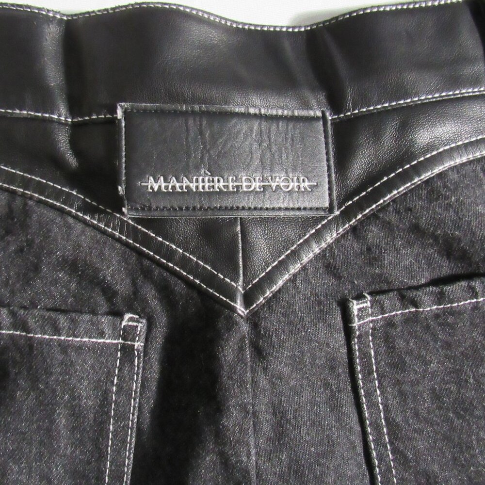 Maniere De Voir Heart Vegan Leather Pants - Black Denim Patchwork Size 8 - Picture 2 of 4